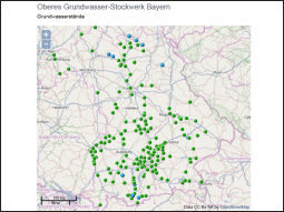 Bayernkarte mit Übersicht der Grundwasserstand-Messstellen des oberen Grundwasserstockwerks
