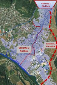 Luftbild mit Überschwemmungsgebiet und Eintrag der drei Varianten