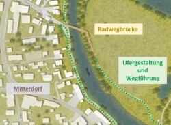 Luftbild mit dem Ortsteil Mitterdorf auf der linken Seite, rechts daneben der Fluss Regen, darüber die geplante Fuß- und Radwegbrücke und der Weg entlang des Regens