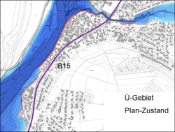 Überschwemmungsplan Plan Zustand, links der Regen, rechts der hochwassergeschützte Ort