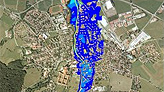 Ausschnitt der topographischen Karte, Bereich Regensburg mit Darstellung der Überschwemmungsgebiete; bei Mausklick Aufruf des Kartendienstes Überschwemmungsgefährdete Gebiete in Bayern; bei Mausklick Aufruf des Kartendienstes Überschwemmungsgefährdete Gebiete in Bayern