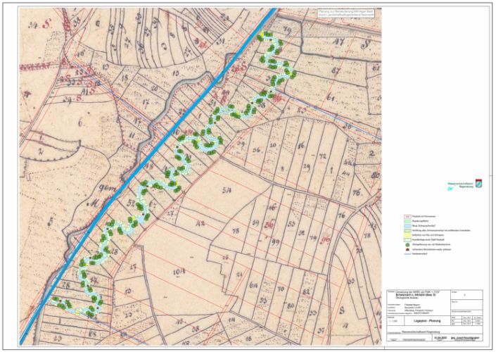 Lageplan mit neu geplantem, vorhandenem und historischem Gewässerverlauf Lageplan mit geplantem neuen, mäanderndem Gewässerlauf, dem vorhandenen und dem historischen Verlauf der Schwarzach